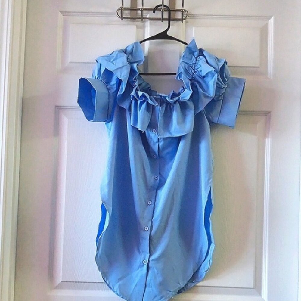 Womens NWOT Ruffled Off-Shoulder Blue Blouse Size XL Cuffed Sleeve Beautiful Top